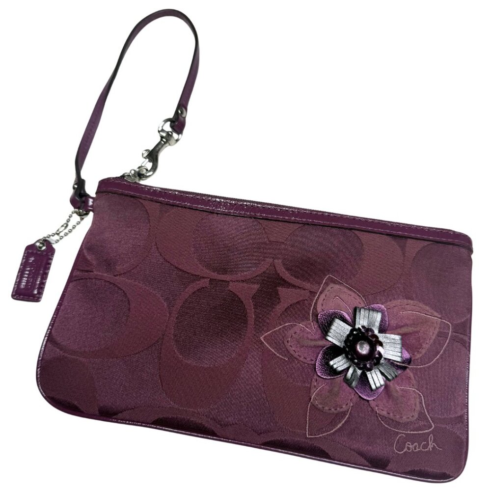 Coach Wristlet Purple Signature Jacquard Floral Appliqué